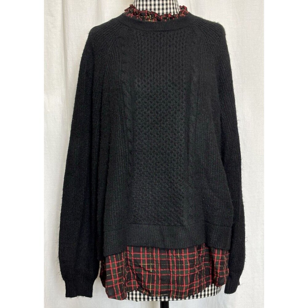 NEW NWT Ann Taylor Loft Womens L Black with Red Plaid Layered Look Sweater